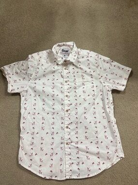 Plugg White Short-Sleeve Button-Down Shirt with Red bird Print